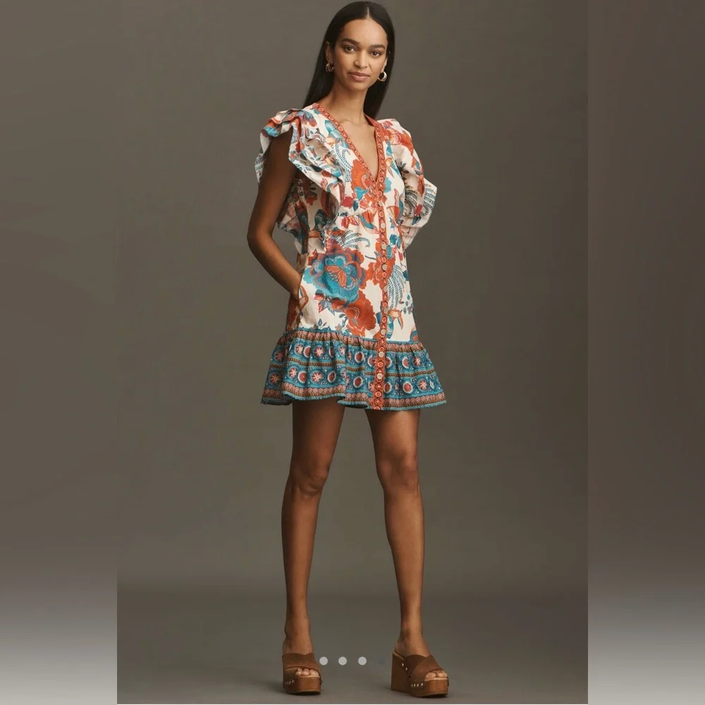 FARM Rio X Anthropologie Floral Ruffle Sleeve Mini Dress NWT Size XSmall